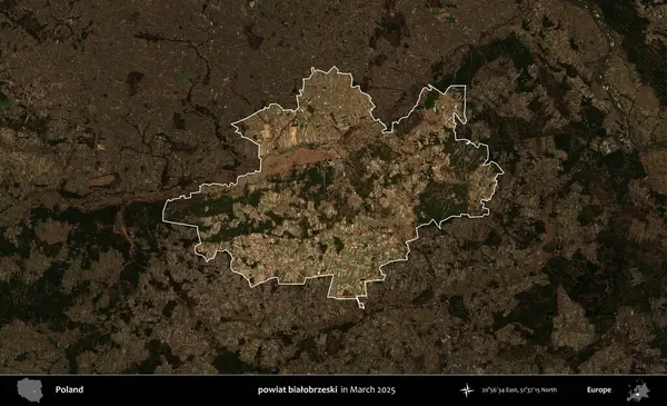 powiat bialobrzeski. Polonya 'nın idari alanı, Mart 2025' te çekilen Kopernik Nöbetçi karolarından oluşan koyu renkli bir uydu görüntüsü üzerine vurgulandı ve özetlendi