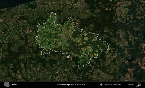 powiat bialogardzki. Polonya 'nın idari alanı, Haziran 2018' de çekilen Kopernik Nöbetçi karolarından oluşan koyu renkli bir uydu görüntüsüyle vurgulandı ve özetlendi