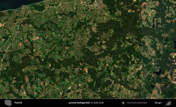powiat bialogardzki. Copernicus Sentinel 'in Haziran 2018' de çekilmiş uydu görüntüsü üzerine Polonya 'nın idari bölgesi