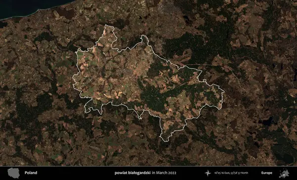 powiat bialogardzki. Polonya 'nın idari alanı, Mart 2022' de çekilen Kopernik Nöbetçi karolarından oluşan koyu renkli bir uydu görüntüsü üzerine vurgulandı ve özetlendi.