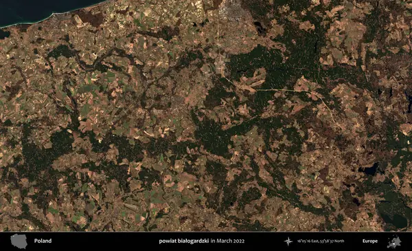 powiat bialogardzki. Copernicus Sentinel 'in Mart 2022' de çekilmiş uydu görüntüsü üzerine Polonya 'nın idari bölgesi.