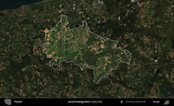 powiat bialogardzki. Polonya 'nın idari alanı, Mayıs 2023' te çekilen Kopernik Nöbetçi karolarından oluşan koyu renkli bir uydu görüntüsü üzerinde vurgulandı ve özetlendi.