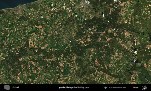 powiat bialogardzki. Copernicus Sentinel 'in Mayıs 2023' te çekilmiş uydu görüntüsü üzerine Polonya 'nın idari bölgesi.