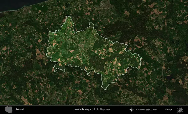 powiat bialogardzki. Polonya 'nın idari alanı, Mayıs 2024' te çekilen Kopernik Nöbetçi karolarından oluşan koyu renkli bir uydu görüntüsü üzerinde vurgulandı ve özetlendi.