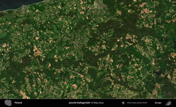 powiat bialogardzki. Mayıs 2024 'te Copernicus Sentinel karolarından oluşan uydu görüntüsü üzerine Polonya' nın idari bölgesi