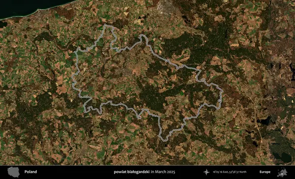 powiat bialogardzki. Polonya 'nın idari bölgesinin ana hatları, Mart 2025' te çekilen Kopernik Nöbetçi karolarından oluşan bir uydu görüntüsü üzerine çizildi.