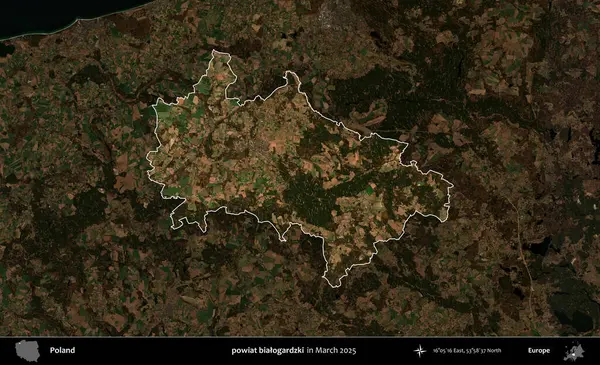 powiat bialogardzki. Polonya 'nın idari alanı, Mart 2025' te çekilen Kopernik Nöbetçi karolarından oluşan koyu renkli bir uydu görüntüsü üzerine vurgulandı ve özetlendi