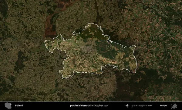 powiat bialostocki. Polonya 'nın idari alanı, Ekim 2021' de çekilen Kopernik Nöbetçi karolarından oluşan koyu renkli bir uydu görüntüsü üzerine vurgulandı ve özetlendi