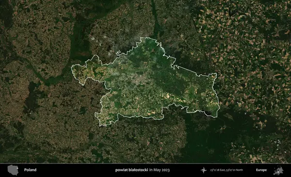 powiat bialostocki. Polonya 'nın idari alanı, Mayıs 2023' te çekilen Kopernik Nöbetçi karolarından oluşan koyu renkli bir uydu görüntüsü üzerinde vurgulandı ve özetlendi.