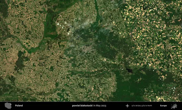 powiat bialostocki. Copernicus Sentinel 'in Mayıs 2023' te çekilmiş uydu görüntüsü üzerine Polonya 'nın idari bölgesi.