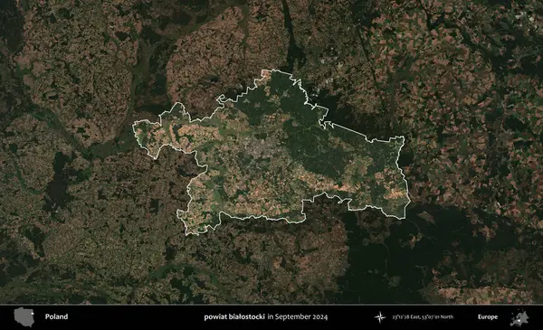 powiat bialostocki. Polonya 'nın idari alanı, Eylül 2024' te çekilen Kopernik Nöbetçi karolarından oluşan koyu renkli bir uydu görüntüsü üzerine vurgulandı ve özetlendi