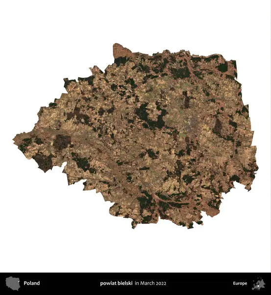 powiat bielski. Polonya idari bölgesi, Mart 2022 'de çekilen Kopernik Nöbetçi karolarından oluşan bir uydu görüntüsü üzerinde beyaza izole edildi.