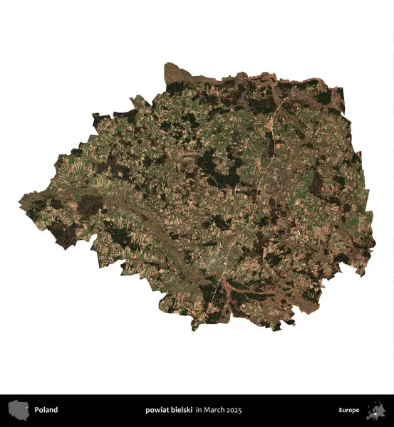 powiat bielski. Polonya idari bölgesi, Mart 2025 'te çekilen Kopernik Nöbetçi karolarından oluşan bir uydu görüntüsü üzerinde beyaza izole edildi.