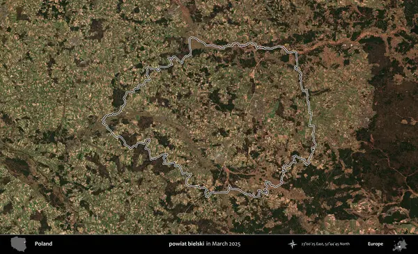 powiat bielski. Polonya 'nın idari bölgesinin ana hatları, Mart 2025' te çekilen Kopernik Nöbetçi karolarından oluşan bir uydu görüntüsü üzerine çizildi.