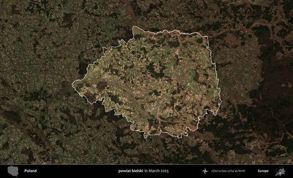 powiat bielski. Polonya 'nın idari alanı, Mart 2025' te çekilen Kopernik Nöbetçi karolarından oluşan koyu renkli bir uydu görüntüsü üzerine vurgulandı ve özetlendi