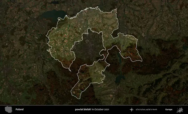 powiat bielski. Polonya 'nın idari alanı, Ekim 2021' de çekilen Kopernik Nöbetçi karolarından oluşan koyu renkli bir uydu görüntüsü üzerine vurgulandı ve özetlendi