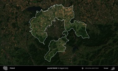 powiat bielski. Polonya 'nın idari alanı, Ağustos 2023' te çekilen Kopernik Nöbetçi karolarından oluşan koyu renkli bir uydu görüntüsü üzerine vurgulandı ve özetlendi.