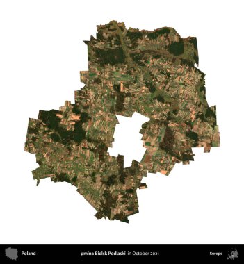 gmina Bielsk Podlaski. Polonya idari bölgesi, Ekim 2021 'de çekilen Kopernik Nöbetçi karolarından oluşan bir uydu görüntüsü üzerinde beyaza izole edildi.