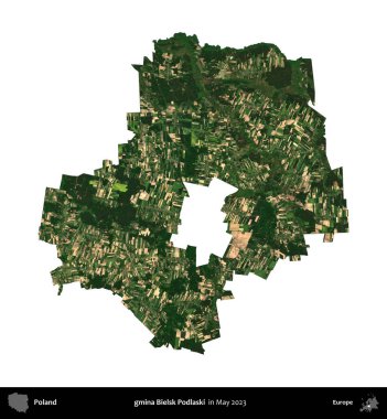 gmina Bielsk Podlaski. Polonya 'nın idari bölgesi, Mayıs 2023' te çekilen Kopernik Nöbetçi Fayanslarından oluşan bir uydu görüntüsüyle beyaza izole edildi.