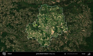 gmina Bielsk Podlaski. Polonya 'nın idari alanı, Mayıs 2023' te çekilen Kopernik Nöbetçi karolarından oluşan koyu renkli bir uydu görüntüsü üzerinde vurgulandı ve özetlendi.
