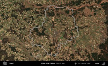 gmina Bielsk Podlaski. Polonya 'nın idari bölgesinin ana hatları, Mart 2025' te çekilen Kopernik Nöbetçi karolarından oluşan bir uydu görüntüsü üzerine çizildi.