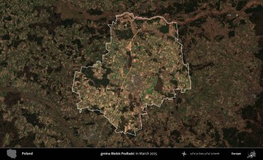 gmina Bielsk Podlaski. Polonya 'nın idari alanı, Mart 2025' te çekilen Kopernik Nöbetçi karolarından oluşan koyu renkli bir uydu görüntüsü üzerine vurgulandı ve özetlendi