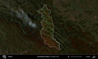 powiat bieszczadzki. Polonya 'nın idari alanı, Ekim 2018' de çekilen Kopernik Nöbetçi karolarından oluşan koyu renkli bir uydu görüntüsü üzerine vurgulandı ve özetlendi