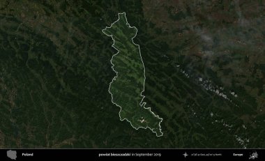 powiat bieszczadzki. Polonya 'nın idari alanı, Eylül 2019' da çekilen Kopernik Nöbetçi karolarından oluşan koyu renkli bir uydu görüntüsü üzerinde vurgulandı ve özetlendi.