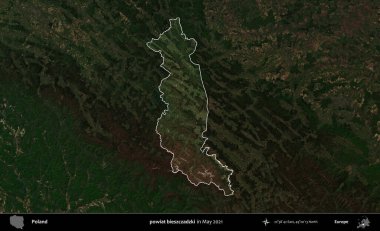 powiat bieszczadzki. Polonya 'nın idari alanı, Mayıs 2021' de çekilen Kopernik Nöbetçi karolarından oluşan koyu renkli bir uydu görüntüsüyle vurgulandı ve özetlendi