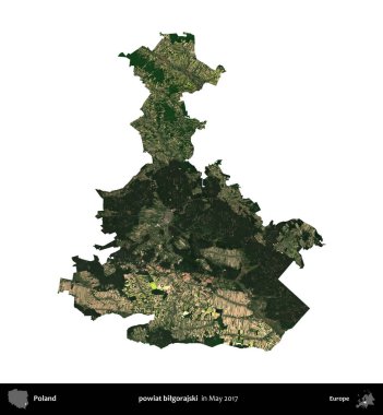 powiat bilgorajski. Polonya idari bölgesi, Mayıs 2017 'de çekilen Kopernik Nöbetçi karolarından oluşan bir uydu görüntüsü üzerinde beyaza izole edildi.