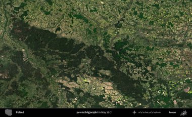 powiat bilgorajski. Copernicus Sentinel 'in Mayıs 2017' de çekilmiş uydu görüntüsü üzerine Polonya 'nın idari bölgesi.