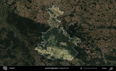 powiat bilgorajski. Polonya 'nın idari alanı, Ağustos 2019' da çekilen Kopernik Nöbetçi karolarından oluşan koyu renkli bir uydu görüntüsü üzerine vurgulandı ve özetlendi.