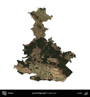 powiat bilgorajski. Polonya idari bölgesi, Nisan 2020 'de çekilen Kopernik Nöbetçi karolarından oluşan bir uydu görüntüsü üzerinde beyaza izole edildi.