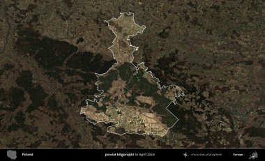 powiat bilgorajski. Polonya 'nın idari alanı, Nisan 2020' de çekilen Kopernik Nöbetçi karolarından oluşan koyu renkli bir uydu görüntüsü üzerine vurgulandı ve özetlendi