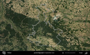 powiat bilgorajski. Eylül 2020 'de çekilen Kopernik Nöbetçi karolarından oluşan bir uydu görüntüsü üzerine Polonya' nın idari bölgesinin ana hatlarını çizdim.