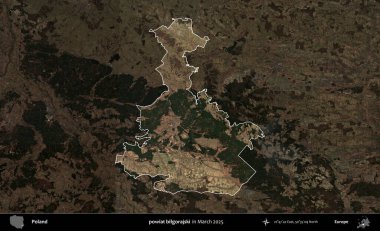 powiat bilgorajski. Polonya 'nın idari alanı, Mart 2025' te çekilen Kopernik Nöbetçi karolarından oluşan koyu renkli bir uydu görüntüsü üzerine vurgulandı ve özetlendi