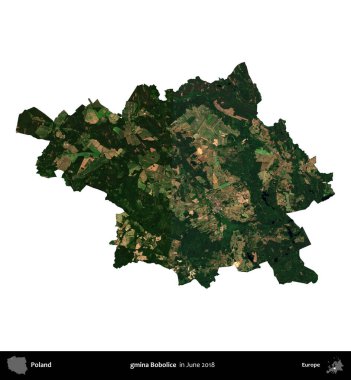 gmina Bobolice. Polonya idari bölgesi, Haziran 2018 'de çekilen Kopernik Nöbetçi karolarından oluşan bir uydu görüntüsü üzerinde beyaza izole edildi.