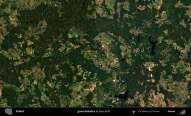 gmina Bobolice. Copernicus Sentinel 'in Haziran 2018' de çekilmiş uydu görüntüsü üzerine Polonya 'nın idari bölgesi