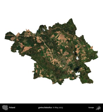 gmina Bobolice. Polonya 'nın idari bölgesi, Mayıs 2023' te çekilen Kopernik Nöbetçi Fayanslarından oluşan bir uydu görüntüsüyle beyaza izole edildi.