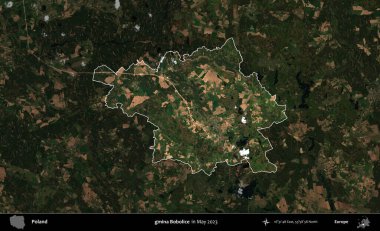 gmina Bobolice. Polonya 'nın idari alanı, Mayıs 2023' te çekilen Kopernik Nöbetçi karolarından oluşan koyu renkli bir uydu görüntüsü üzerinde vurgulandı ve özetlendi.