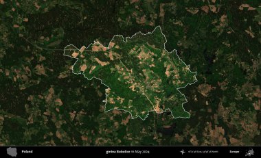 gmina Bobolice. Polonya 'nın idari alanı, Mayıs 2024' te çekilen Kopernik Nöbetçi karolarından oluşan koyu renkli bir uydu görüntüsü üzerinde vurgulandı ve özetlendi.