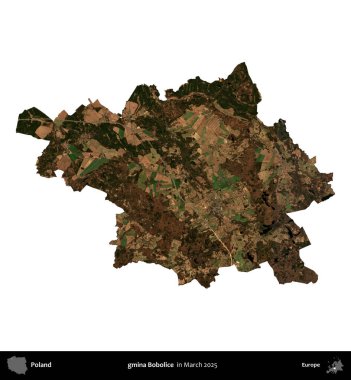 gmina Bobolice. Polonya idari bölgesi, Mart 2025 'te çekilen Kopernik Nöbetçi karolarından oluşan bir uydu görüntüsü üzerinde beyaza izole edildi.