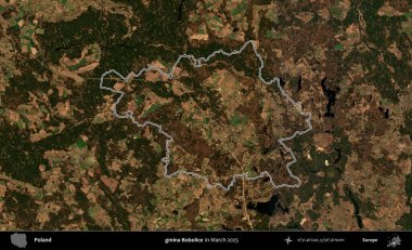 gmina Bobolice. Polonya 'nın idari bölgesinin ana hatları, Mart 2025' te çekilen Kopernik Nöbetçi karolarından oluşan bir uydu görüntüsü üzerine çizildi.