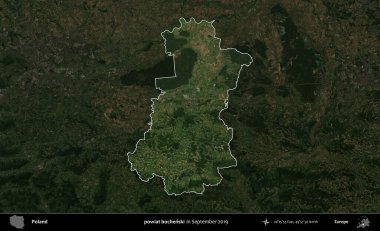 powiat bochenski. Polonya 'nın idari alanı, Eylül 2019' da çekilen Kopernik Nöbetçi karolarından oluşan koyu renkli bir uydu görüntüsü üzerinde vurgulandı ve özetlendi.
