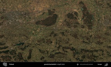 powiat bochenski. Nisan 2020 'de Copernicus Sentinel karolarından oluşan bir uydu görüntüsü üzerine Polonya' nın idari bölgesi