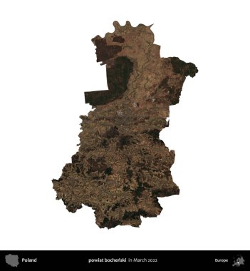 powiat bochenski. Polonya idari bölgesi, Mart 2022 'de çekilen Kopernik Nöbetçi karolarından oluşan bir uydu görüntüsü üzerinde beyaza izole edildi.