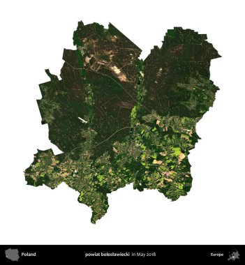 powiat boleslawiecki. Polonya 'nın idari bölgesi, Mayıs 2018' de çekilen Kopernik Nöbetçi Fayanslarından oluşan bir uydu görüntüsü üzerinde beyaza izole edildi.