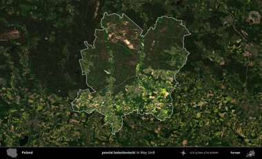 powiat boleslawiecki. Polonya 'nın idari alanı, Mayıs 2018' de çekilen Kopernik Nöbetçi karolarından oluşan koyu renkli bir uydu görüntüsüyle vurgulandı ve özetlendi