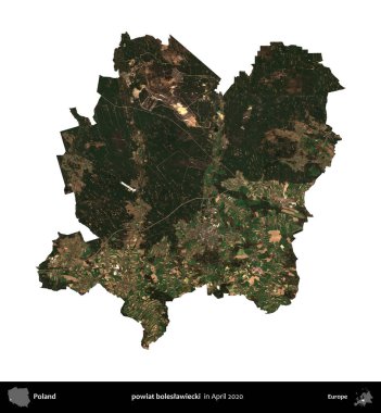 powiat boleslawiecki. Polonya idari bölgesi, Nisan 2020 'de çekilen Kopernik Nöbetçi karolarından oluşan bir uydu görüntüsü üzerinde beyaza izole edildi.