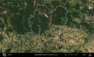powiat boleslawiecki. Eylül 2023 'te çekilen Copernicus Sentinel karolarından oluşan bir uydu görüntüsü üzerine Polonya' nın idari bölgesinin ana hatlarını belirledik.